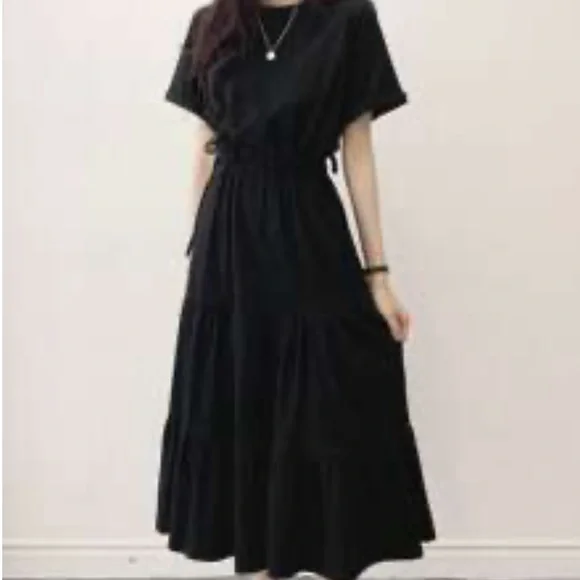 SHEIN | Dresses | New Womens Shein Small Solid Drawstring Waist Tiered Hem Midi  Dress In Black | Poshmark